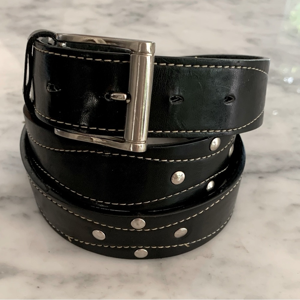 Mens black leather belt with silver buckle and studded details size 40”- 42”